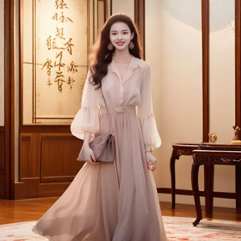 春夏穿搭2025新款淑女甜美衬衫套装女时尚气质显瘦仙气长裙两件套