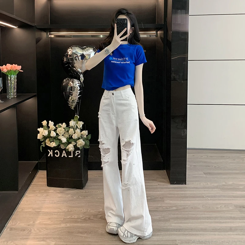 正肩克莱因蓝显白T恤甜辣风上衣白色破洞牛仔裤夏季薄款高腰长裤