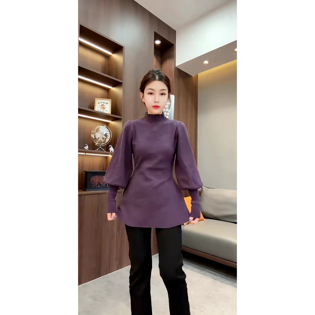 欧货新款时尚气质显瘦半高领泡泡袖收腰套头毛衣