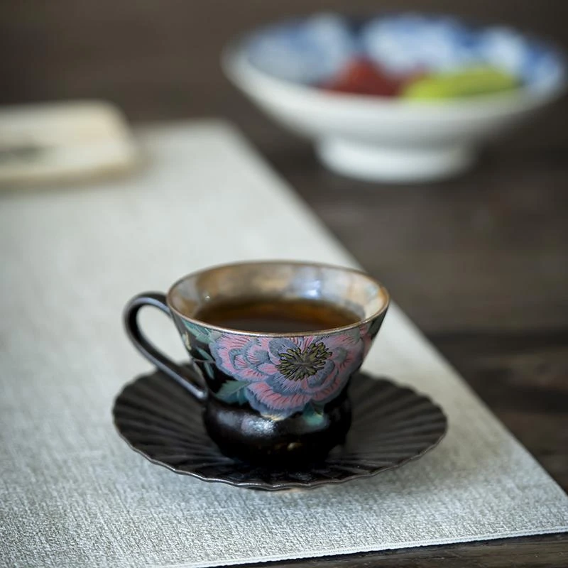 荼梦令志野烧牡丹缂丝主人杯咖啡杯一杯一碟陶瓷功夫茶杯
