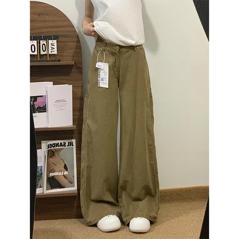 美式复古做旧工装牛仔裤女秋季多口袋阔腿宽松显瘦直筒微喇拖地裤