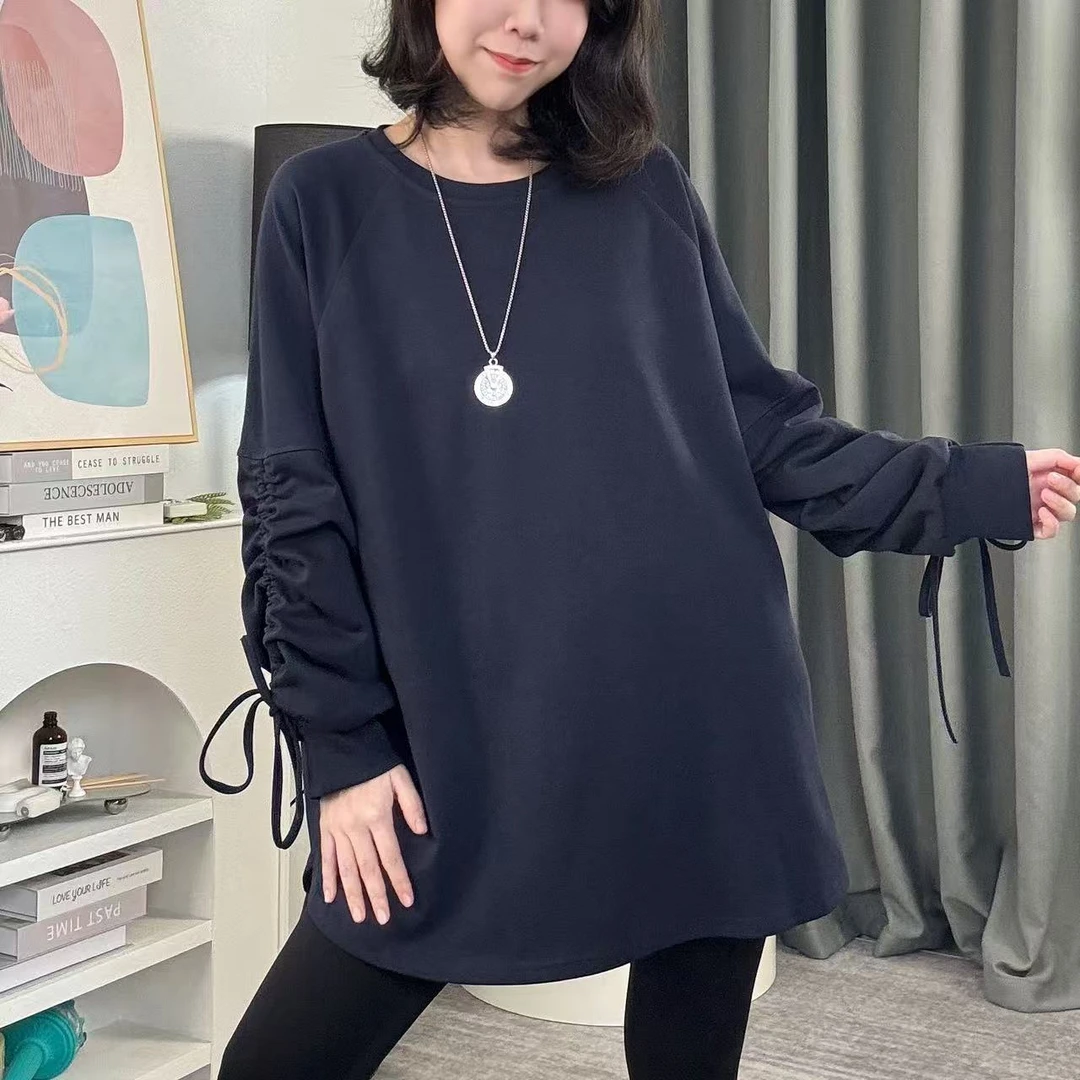 秋季新款纯色大版型大码宽松休闲百搭长袖女款圆领T恤G18022