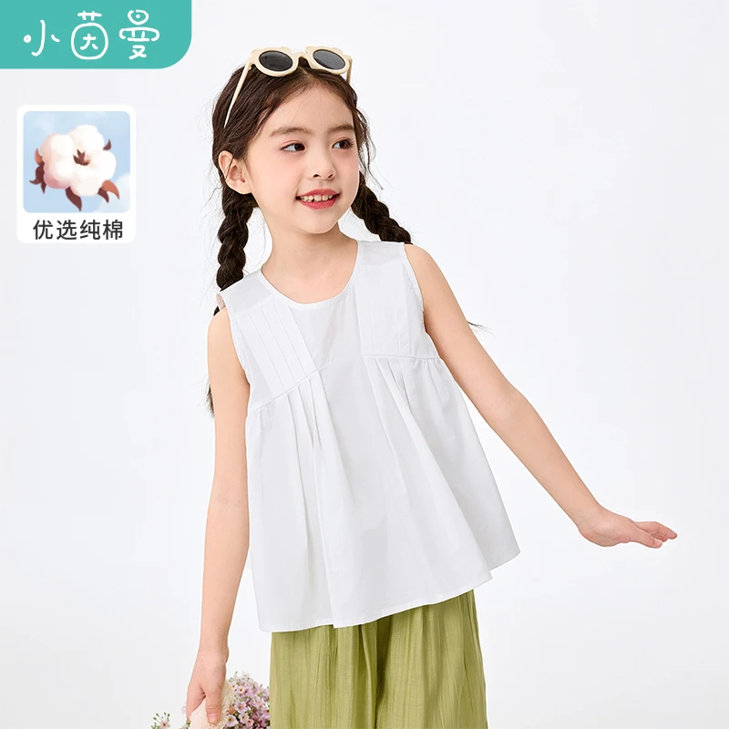 小茵曼女童无袖衬衣纯棉透气2025秋新款圆领休闲半袖上衣G3852055