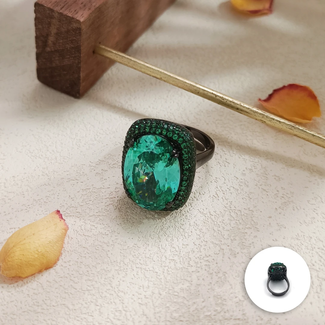 铜合金合成锆石戒指 VWHG-009318【翠影涟漪】戒指小众时尚个性