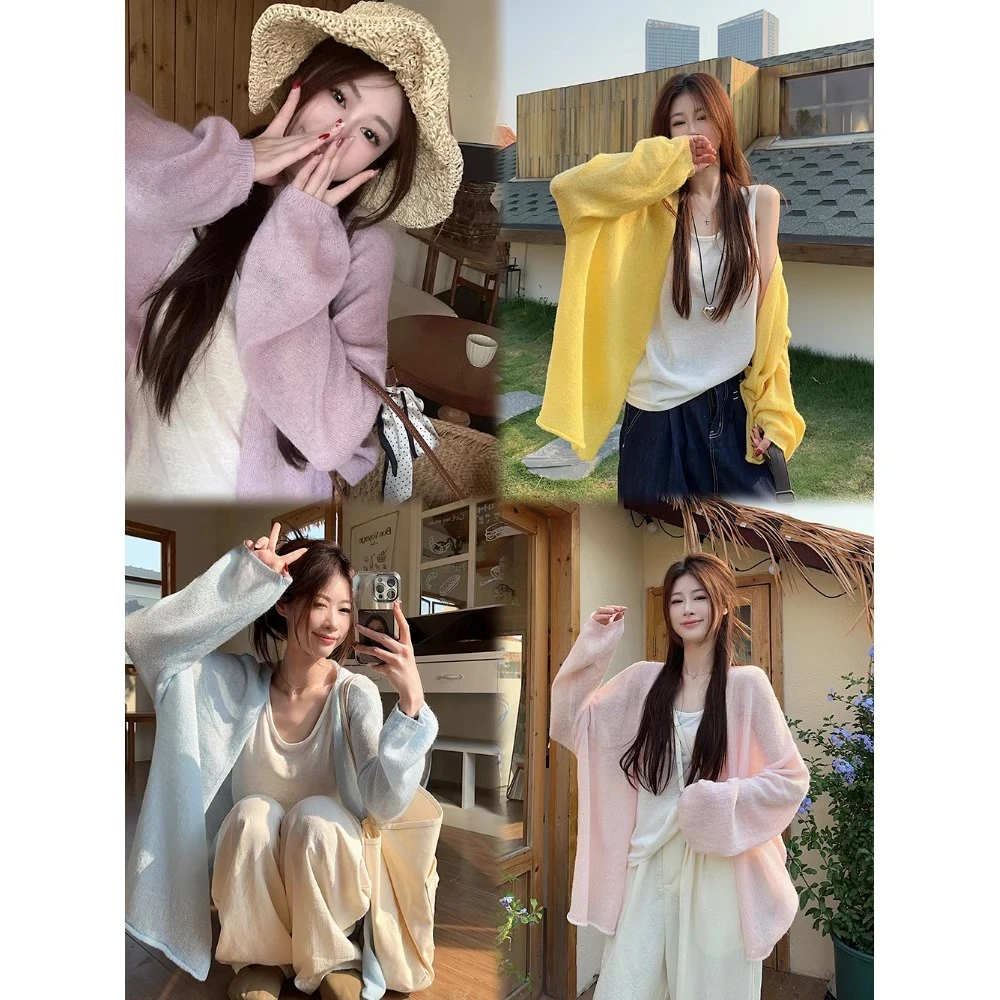 新款奶油衫新款灯笼袖空调衫薄开衫毛衣针织女宽松百搭显瘦上衣