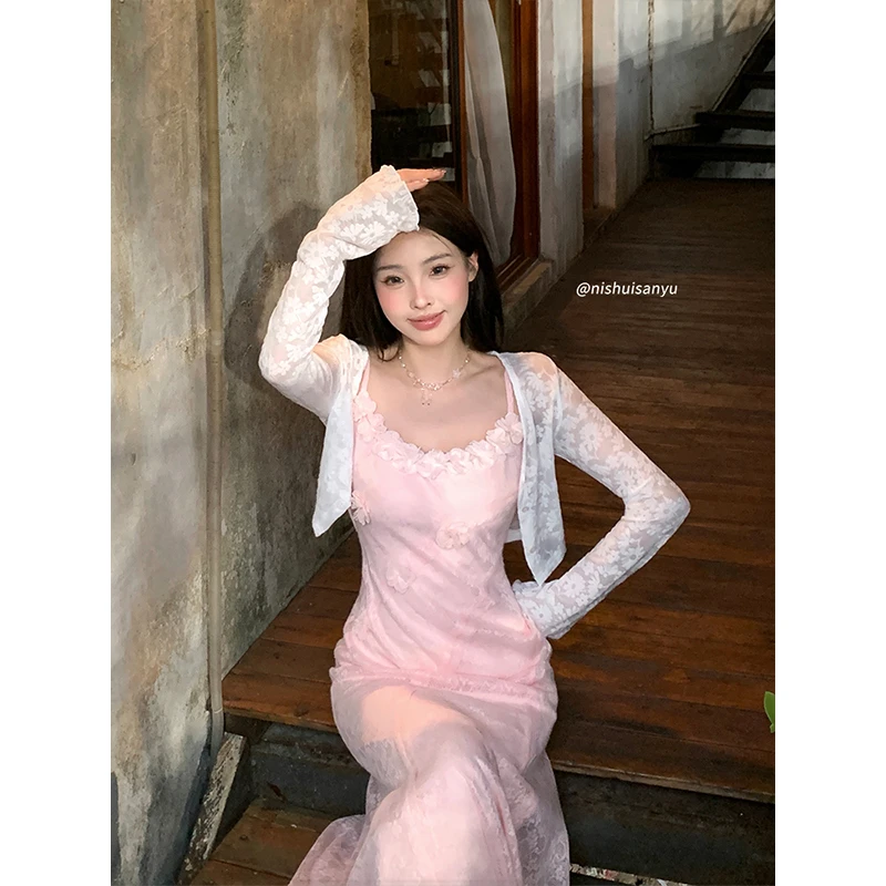 溺水三鱼春夏纯欲温柔仙女风欧若风蕾丝提花搭配开衫