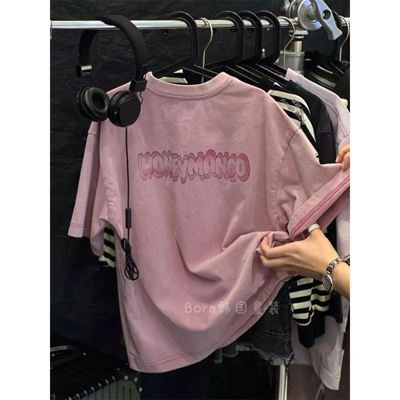 【C26】男童短袖t恤2025新款夏季儿童潮牌炸街体恤衫大童装粉色