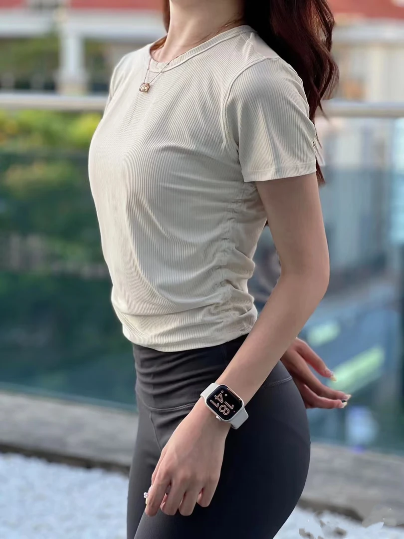 ALL褶皱短袖抗磨毛舒适透气收腰弹力T恤百搭女士时尚圆领半袖纯色