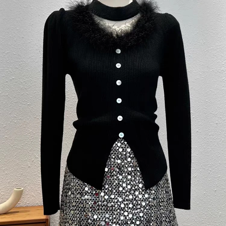 千金风针织厚款长袖纯色拼接毛针织衫时尚针织衫修身显瘦上衣秋冬