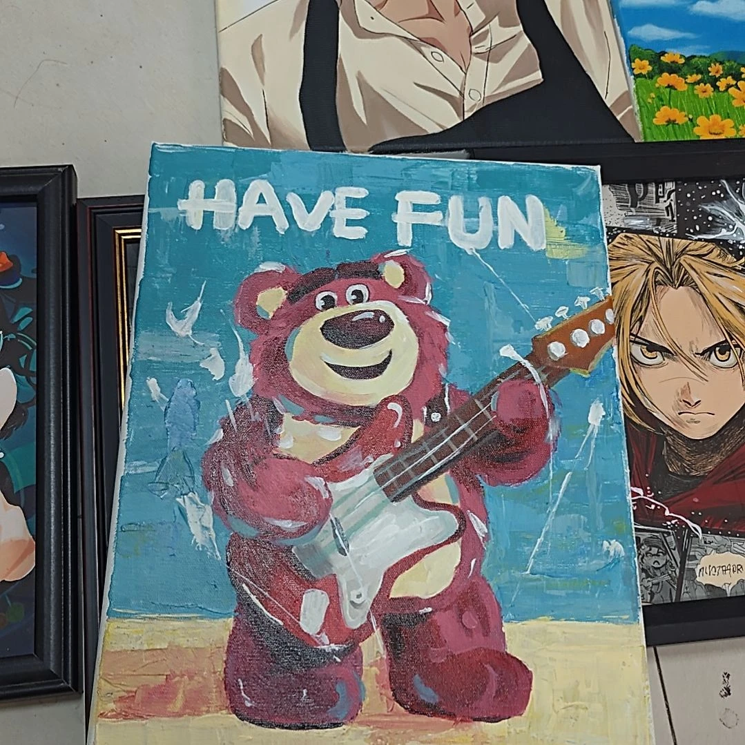 草莓熊刮刀丙烯作品