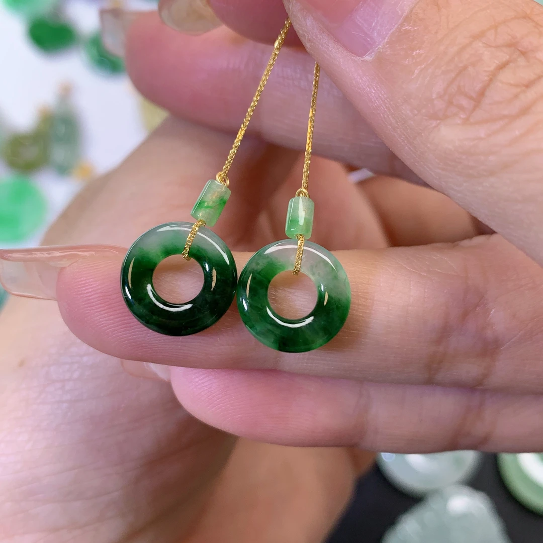 缅甸天然翡翠a货18k金甜甜圈耳坠11.5×2.5