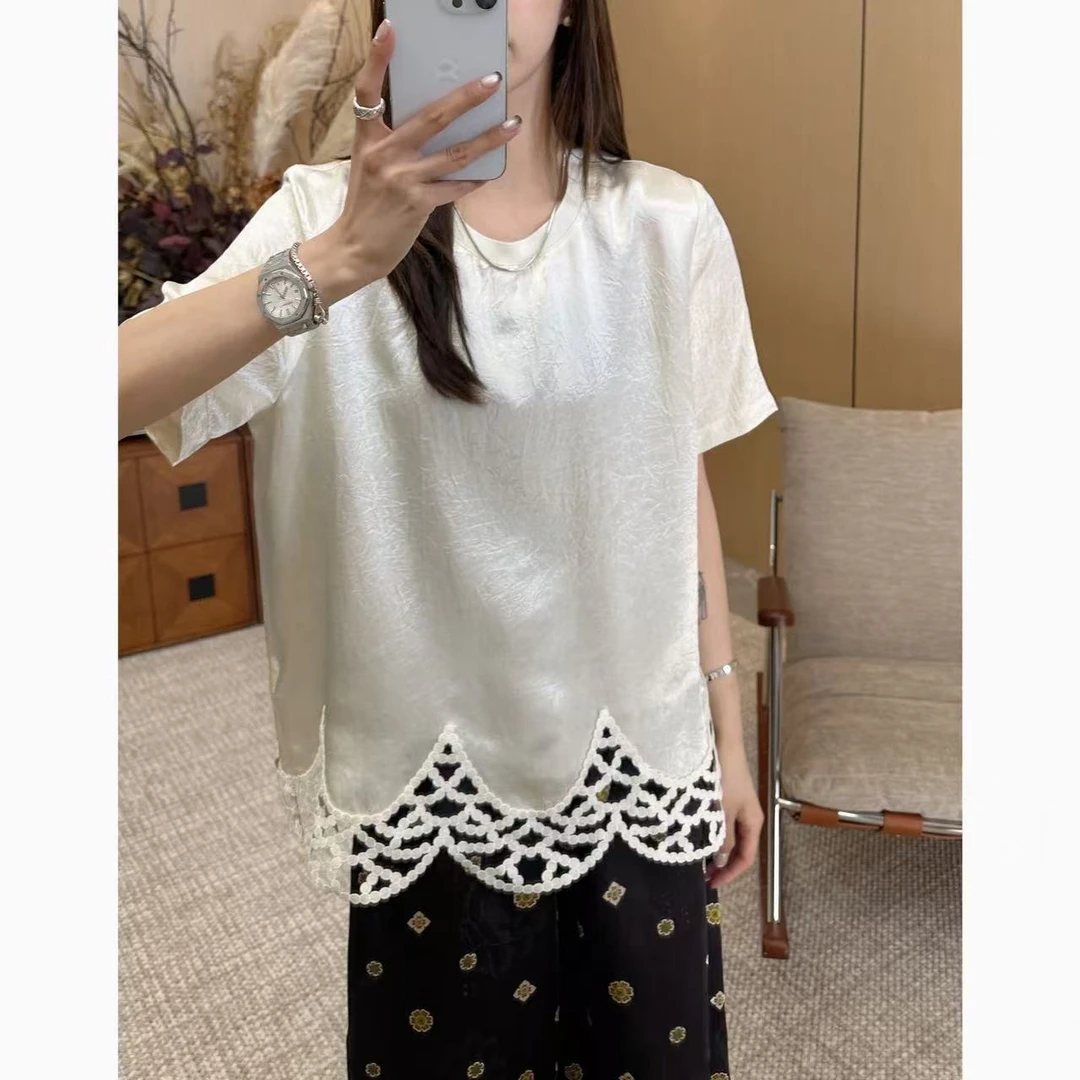 小静静一会【不规则镂空上衣】2025设计感醋酸短袖 2506C3372