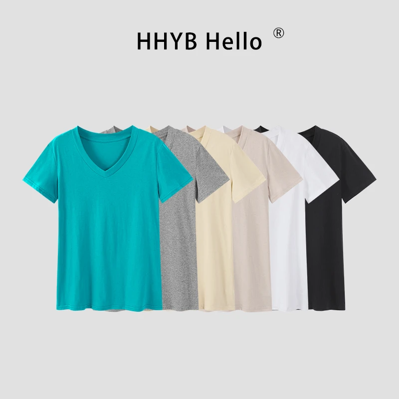 HHYB Hello绝美纯棉v领短袖T恤女2025夏季新款百搭显瘦上衣250437