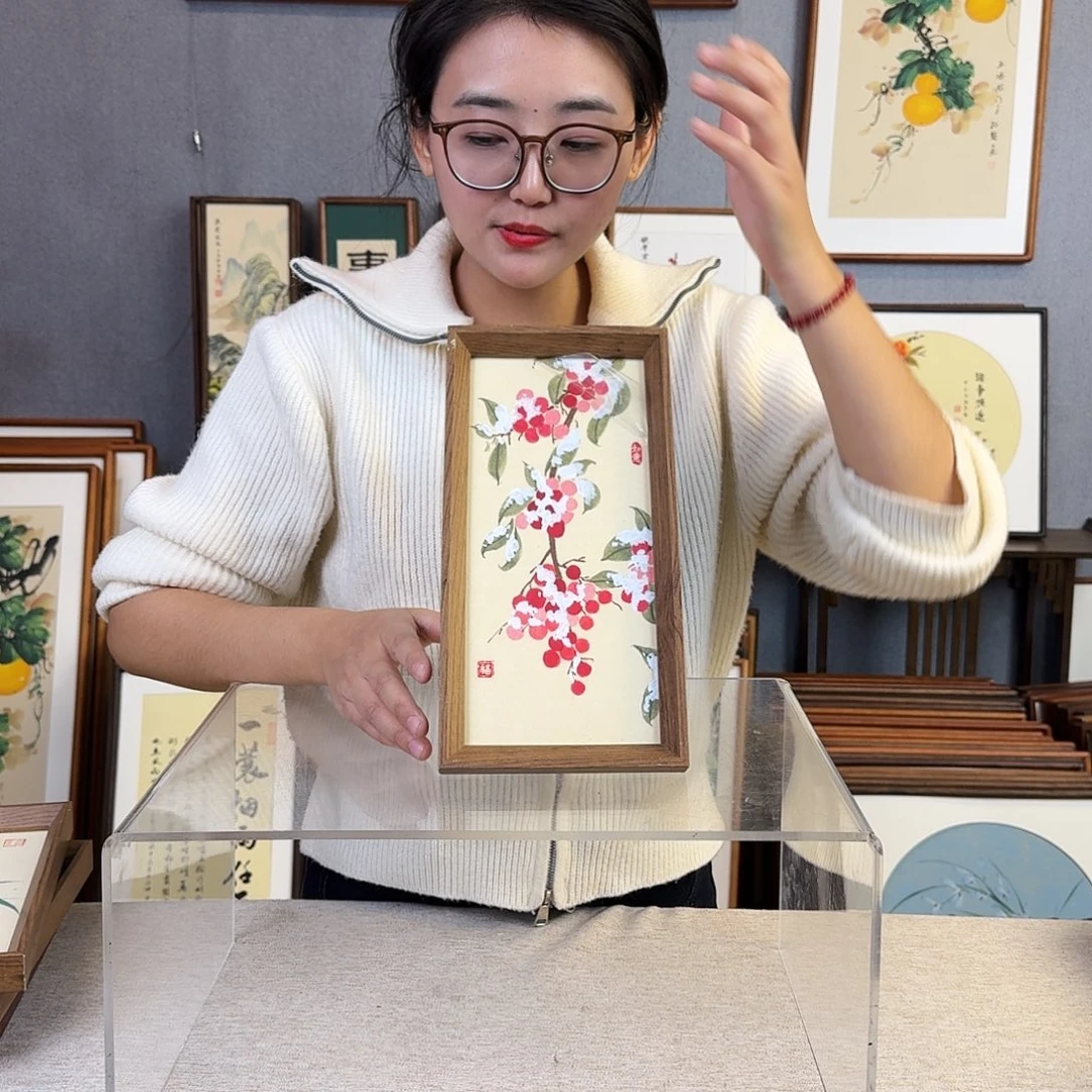 国画纯手绘，纯手写带框尺寸：16×43厘米
