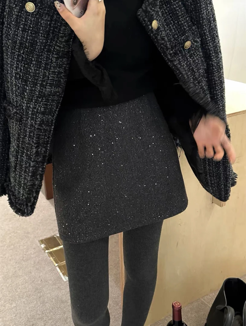 泡菜时尚小亮片a字毛呢短裙