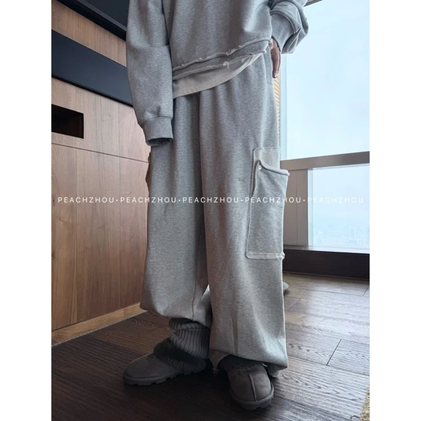 『PEACHZHOU』磨破双层散边大工装口袋宽松休闲松紧腰阔腿毛圈卫裤