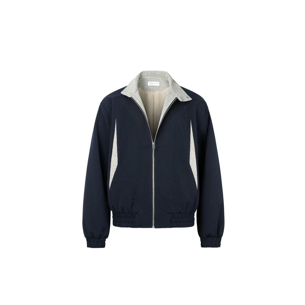 OkayThxBye 高尔夫藏青格纹拼接老钱风羊毛哈灵顿休闲夹克外套男