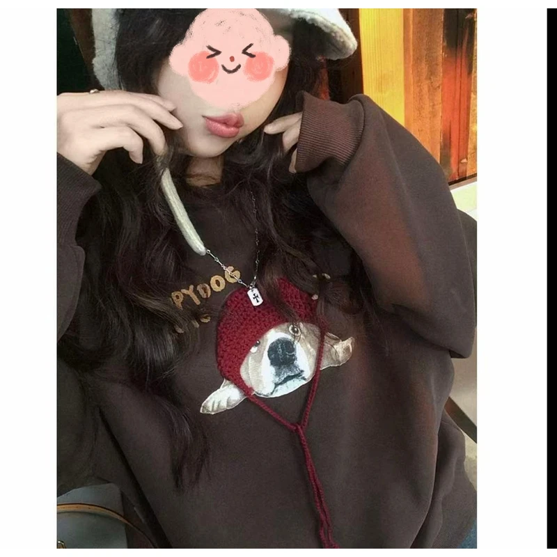 休闲加绒加厚一体绒小狗印花钩针刺绣卫衣女2025冬季新款上衣外穿