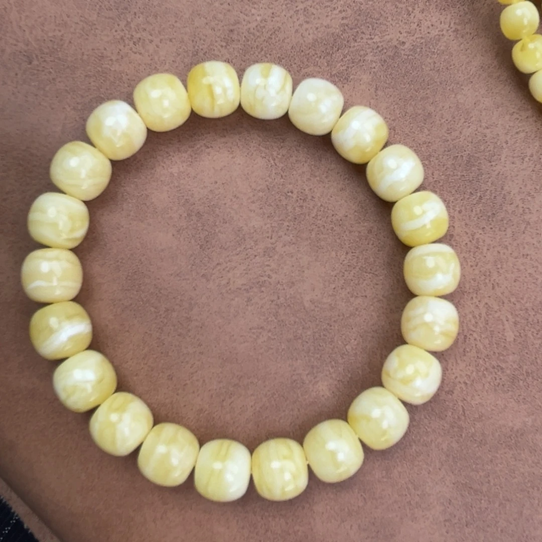 蜜蜡未镶嵌手串俄料同料瓷白花虎皮极限弧高桩10.5*9.7