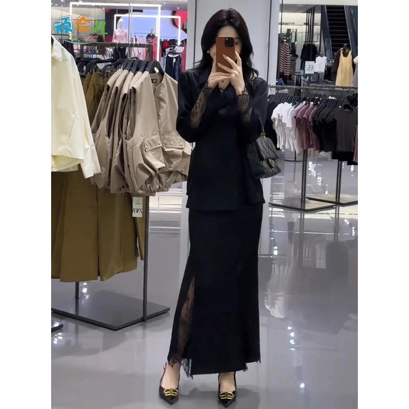 开春搭配一整套大码胖mm黑色蕾丝上衣鱼尾半身裙气质