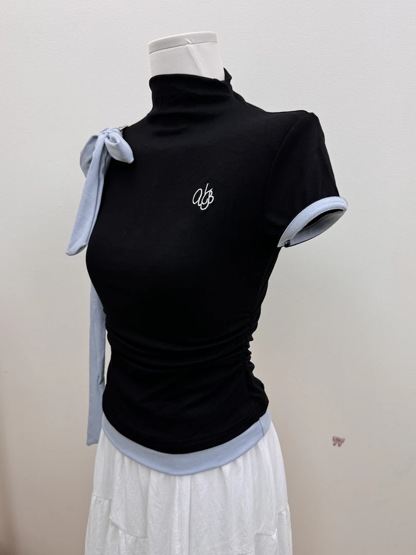 2025夏季新款法式时髦气质显瘦假两件拼接蝴蝶结短袖T恤女上衣