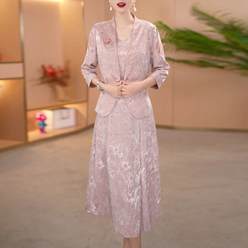 粉色系套装裙女秋装2025年新款修身干练正式场合外套连衣裙两件套