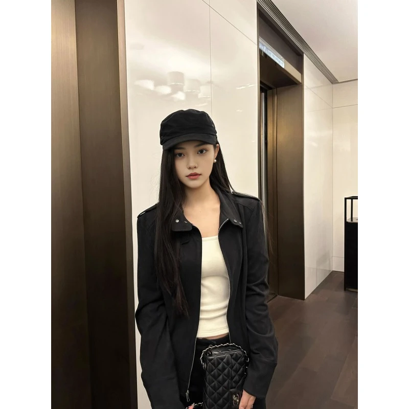 美式复古麂皮绒立领短款黑色夹克外套女春季新款修身百搭机车上衣