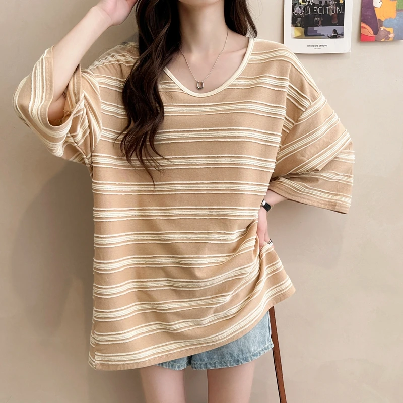 小众V领立体条纹短袖T恤女夏季爆款宽松小众百搭时尚设计感上衣潮