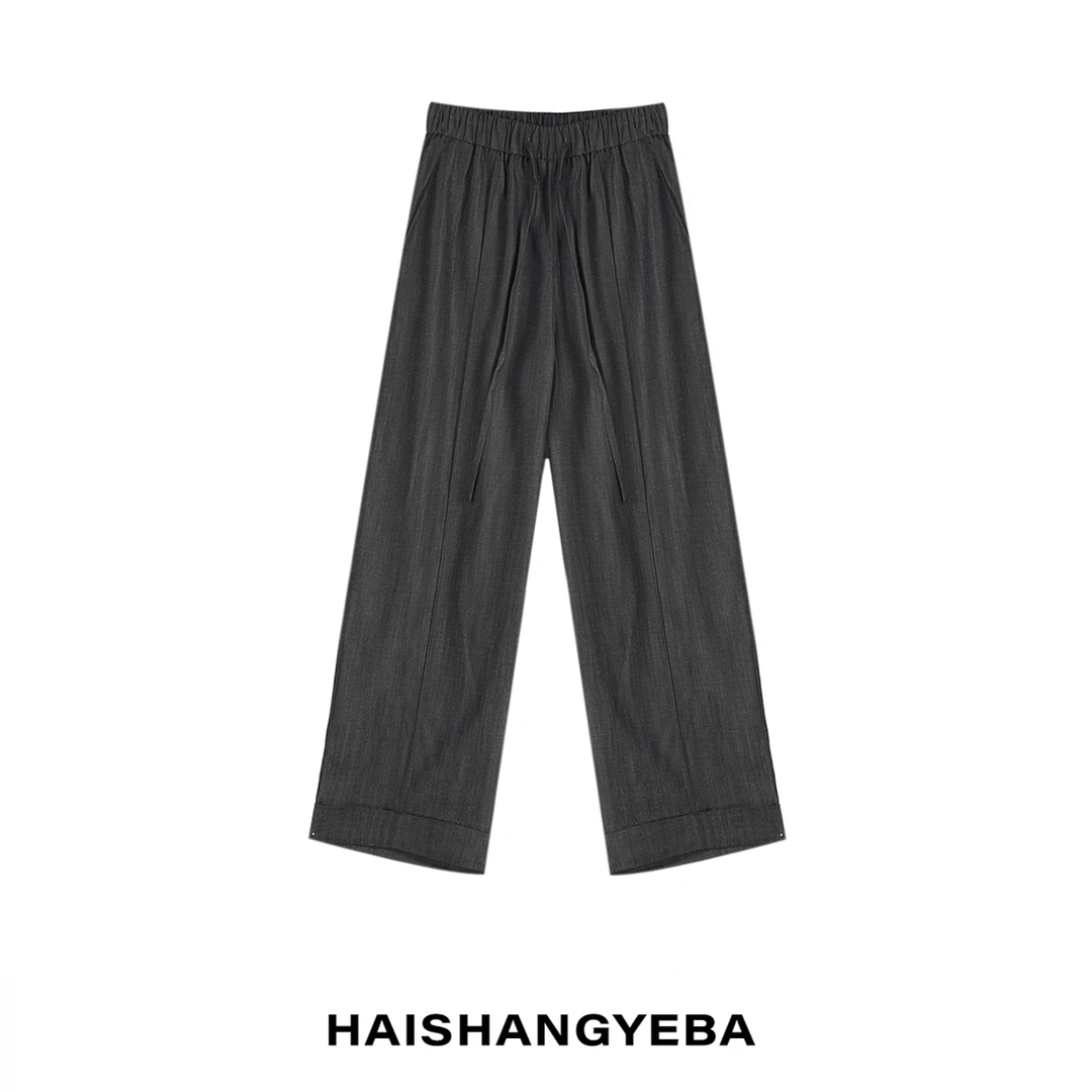 【海上叶爸】新款2025夏季百搭亚麻松紧腰抽绳阔腿直筒休闲裤
