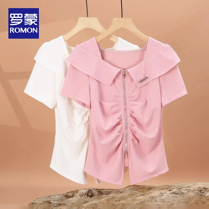 罗蒙女装短袖t恤女2025夏季新款时尚拉链修身显瘦洋气减龄上衣