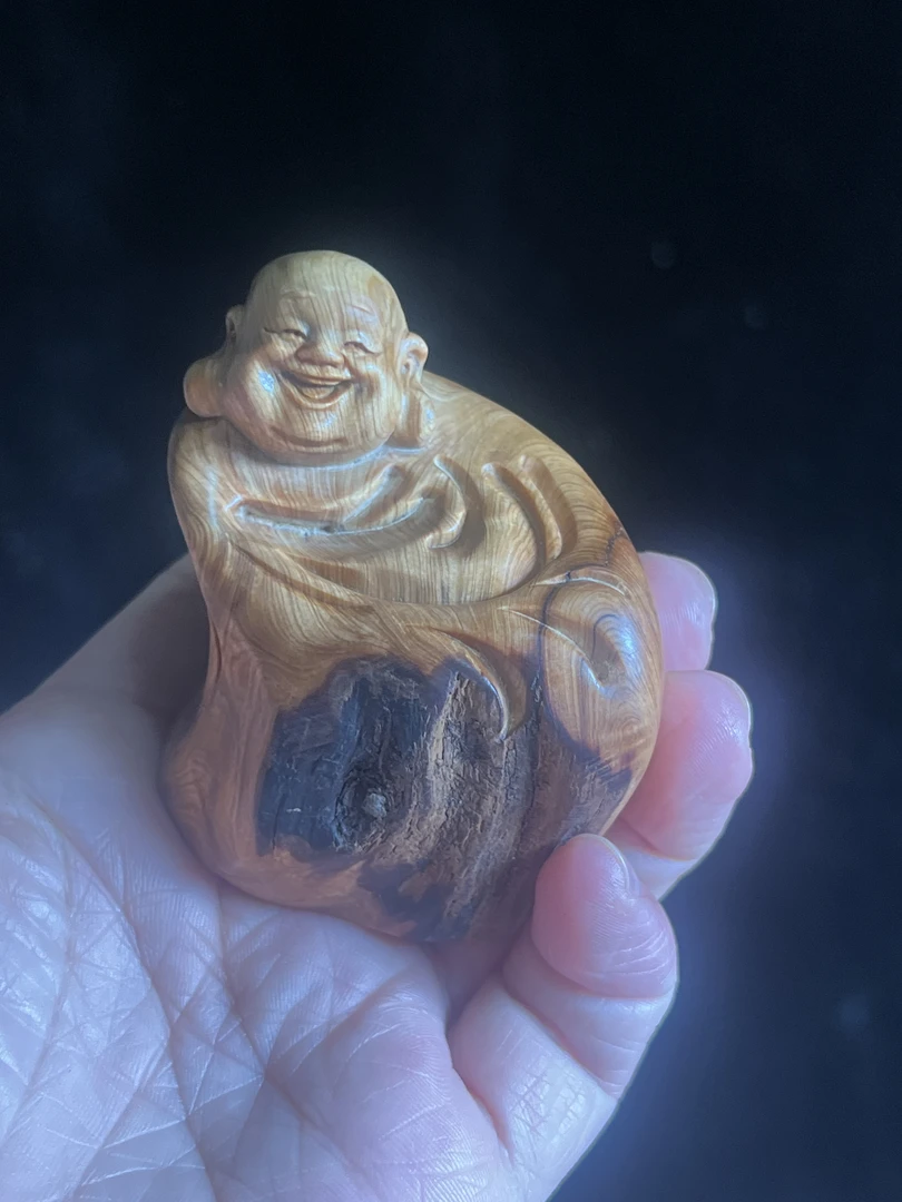 太行崖柏陈化老料纯手工雕刻弥勒佛手把件根雕