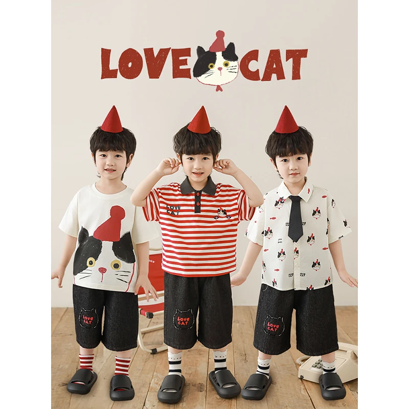 幼悠男童夏季新款条纹polo领t恤翻领衬衫宽松套装儿童潮酷服装