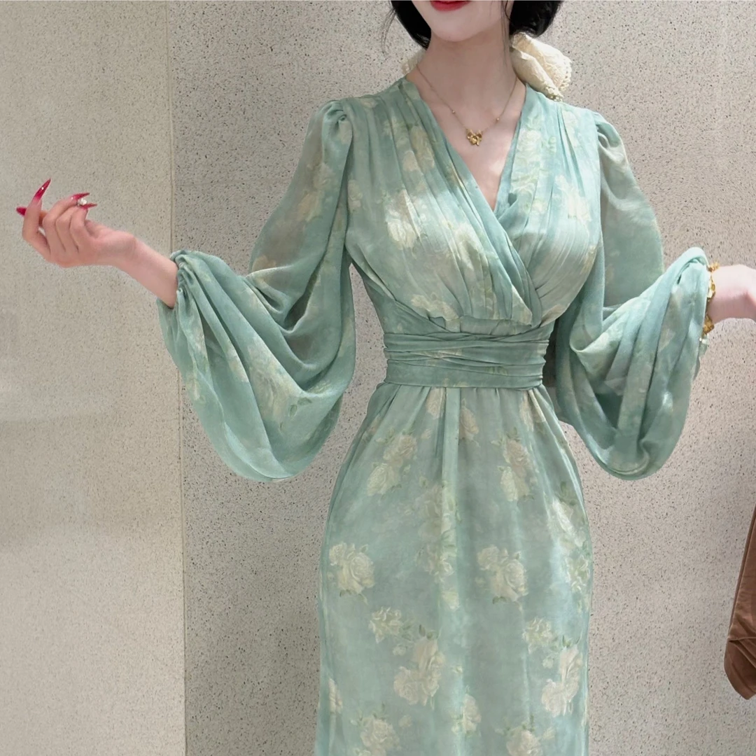 LHMknk1画报夫人原创自制喇叭袖法式显瘦连衣裙 薄荷绿神明少女