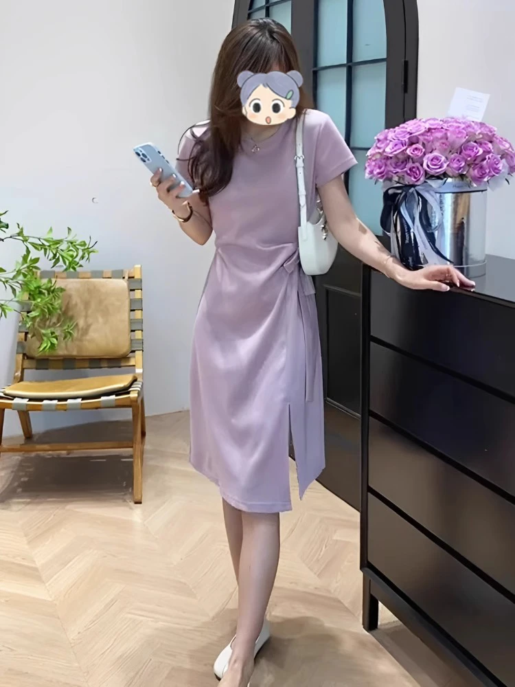 休闲法式紫色短袖t恤连衣裙女2025新款夏季设计感小众收腰a字裙子