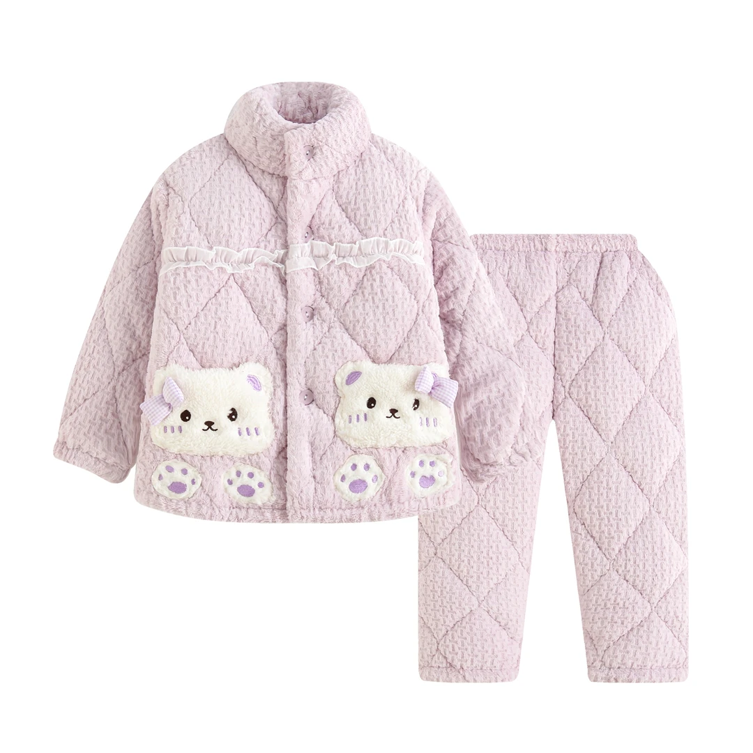 女童冬季宝宝加绒保暖加厚法兰绒家居服套装中大童女孩女宝儿童服
