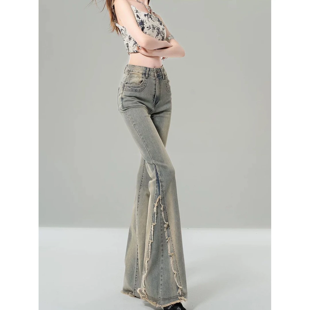 辣妹复古高腰微喇叭牛仔裤女毛边拼接设计感修身显瘦直筒马蹄裤子