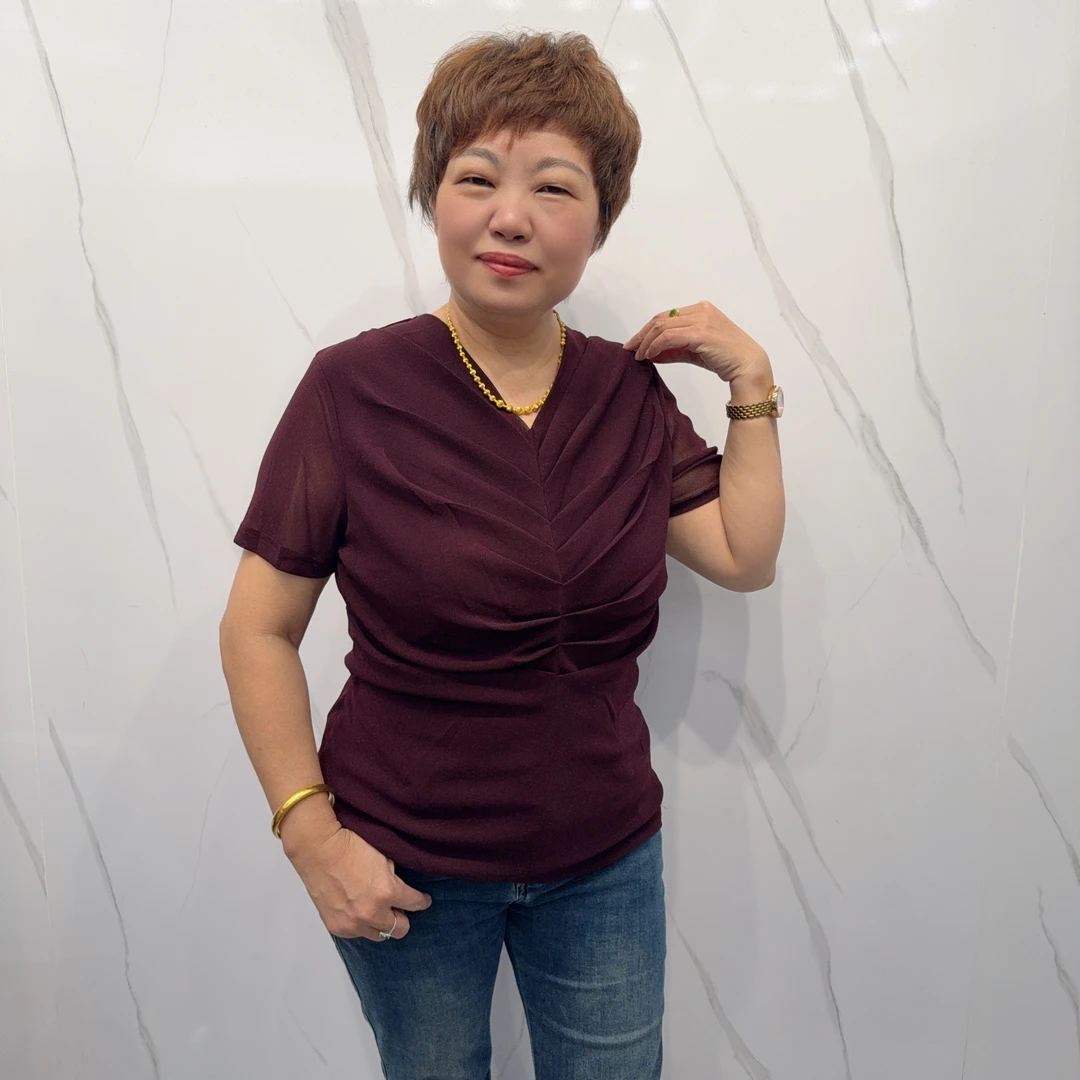 2864夏季新款时尚褶皱遮肚显瘦V领妈妈短袖上衣