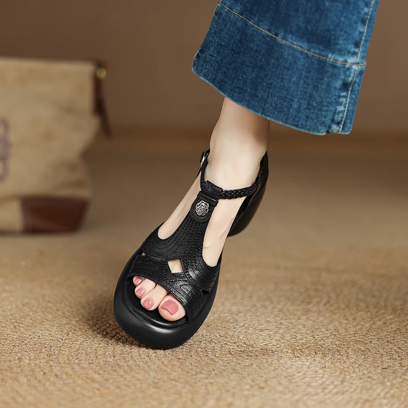 轩玥情手工女鞋7cm粗跟厚底真皮凉鞋夏季防水台高跟罗马鞋不累脚