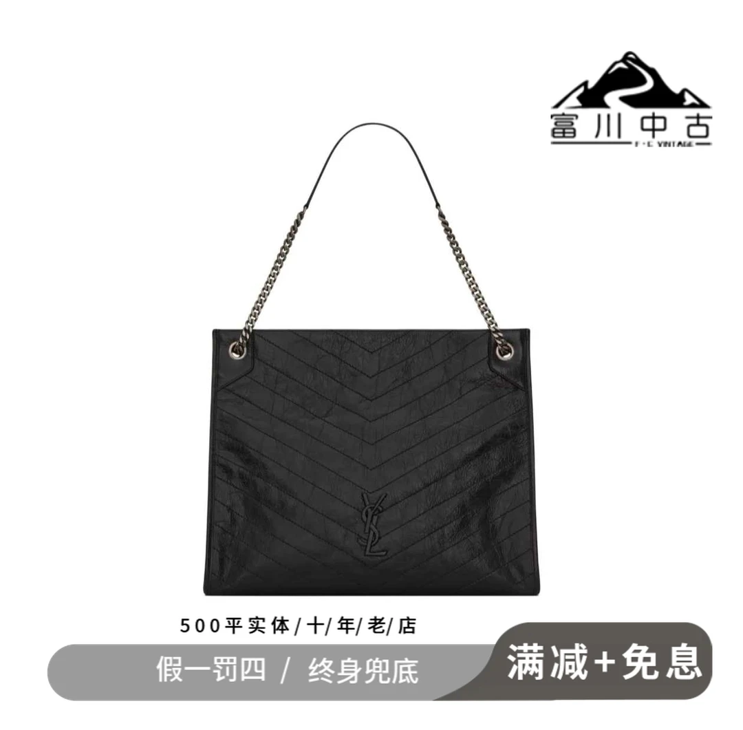 99新 YSL/圣罗兰 黑银shoppingbag中号LV女包ysl包包圣罗兰包包