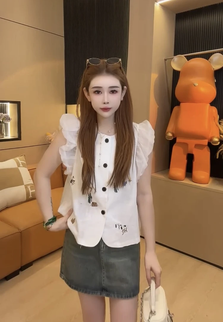 刺绣短袖衬衫女2025新款夏季复古减龄短款宽松抽绳设计感上衣