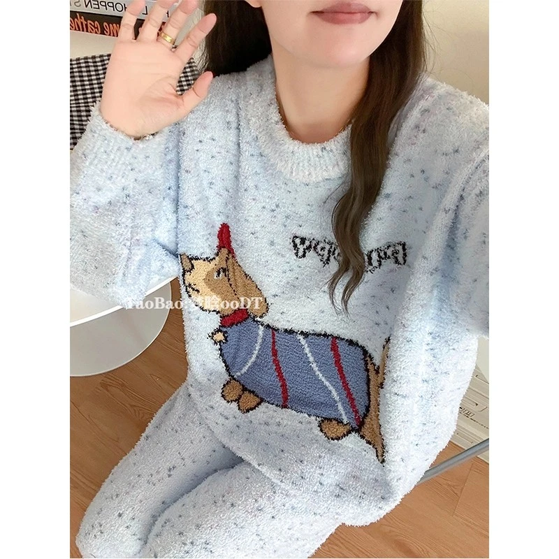 半边绒睡衣女刺绣冬季保暖家居服套装卡通可爱加绒加厚睡衣