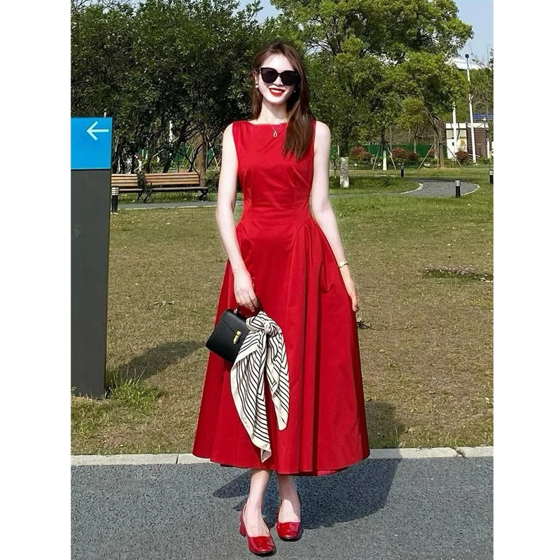 夏季新款轻奢简约遮肚长款掐腰无袖A字裙森系气质显白红色连衣裙