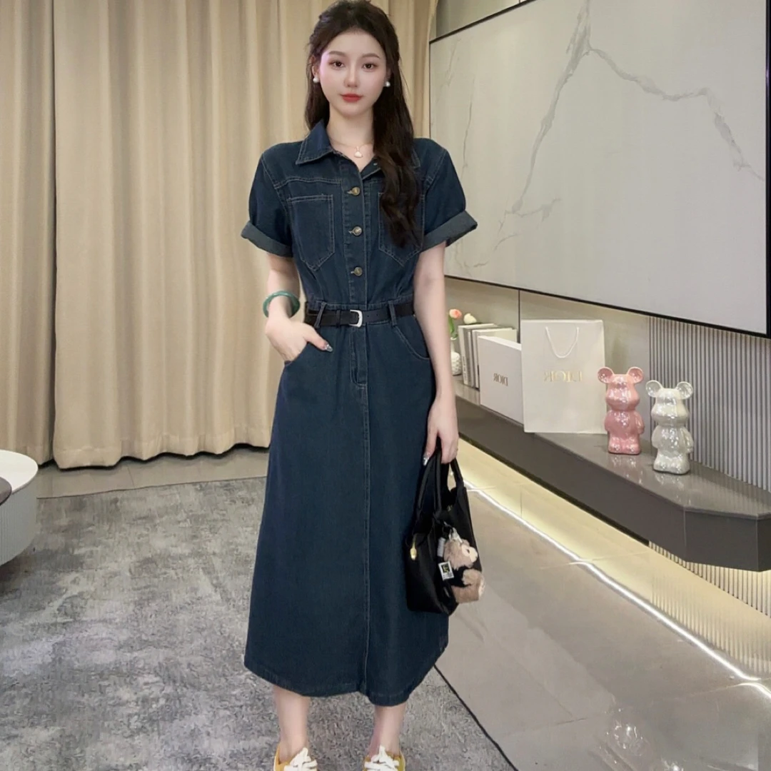 夏季新款休闲气质短袖牛仔连衣裙女收腰高级感复古chic小个子长裙