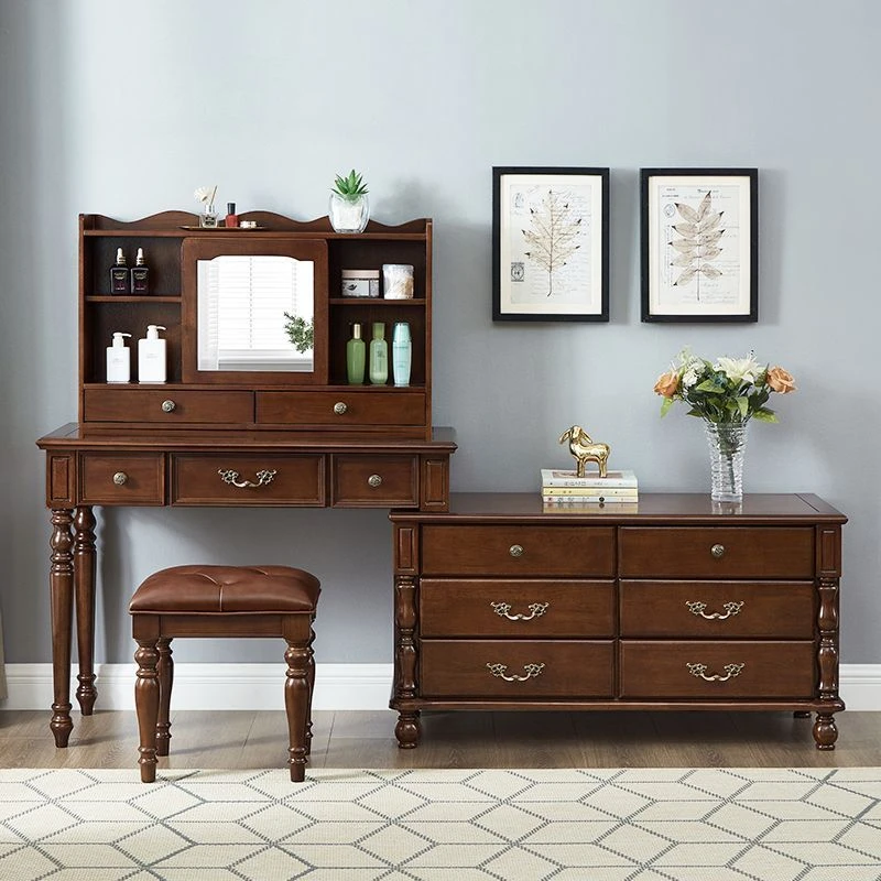 可拉伸可转角美式实木梳妆台卧室储物柜复古带镜收纳柜一体化妆桌