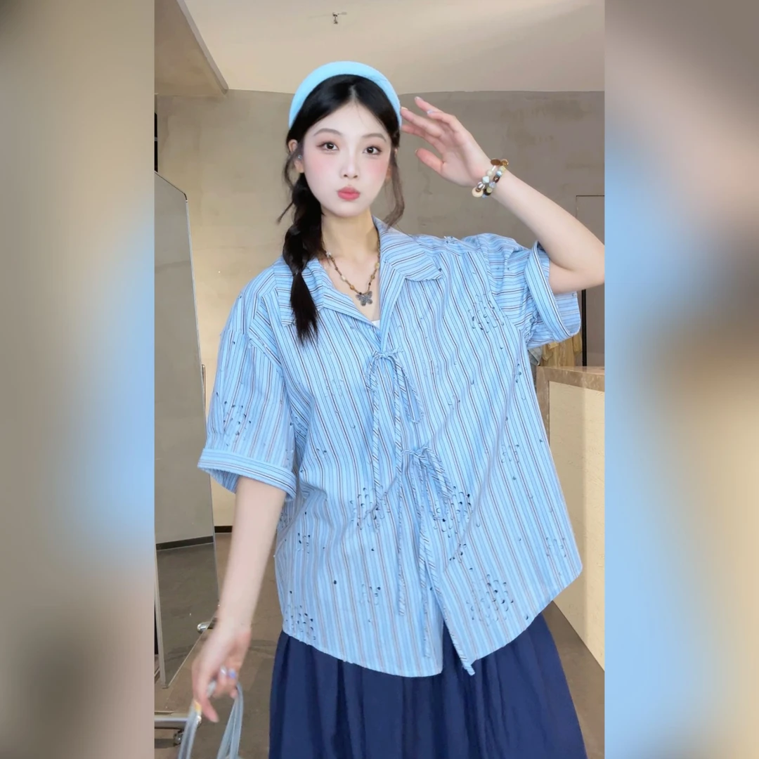 VGVL衬衫夏季新重工剪花衬衫女青20692