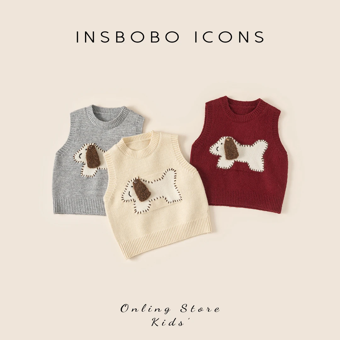 INSbobo儿童洋气马甲冬季外穿宝宝卡通图案套头毛衣背心DY85261