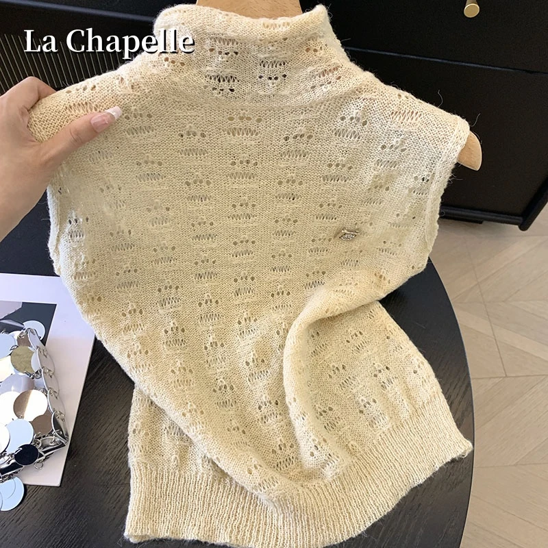 拉夏贝尔爆款设计感半高领针织背心t恤2025新短款镂空短袖上衣女