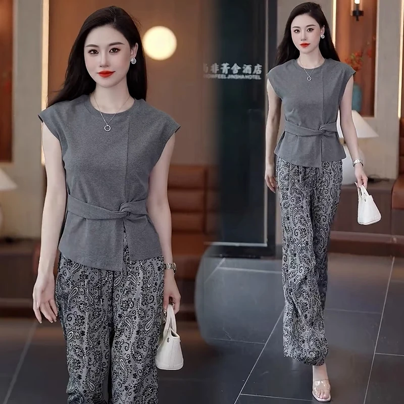 时尚套装女2025夏季新款洋气显瘦设计感短袖T恤印花阔腿裤两件套