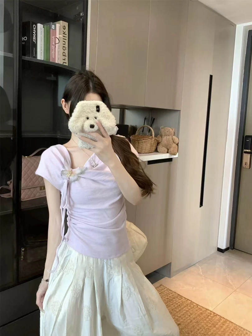 修身立体装饰短袖常规型蝴蝶T恤短款性感显瘦富婆风辣妹