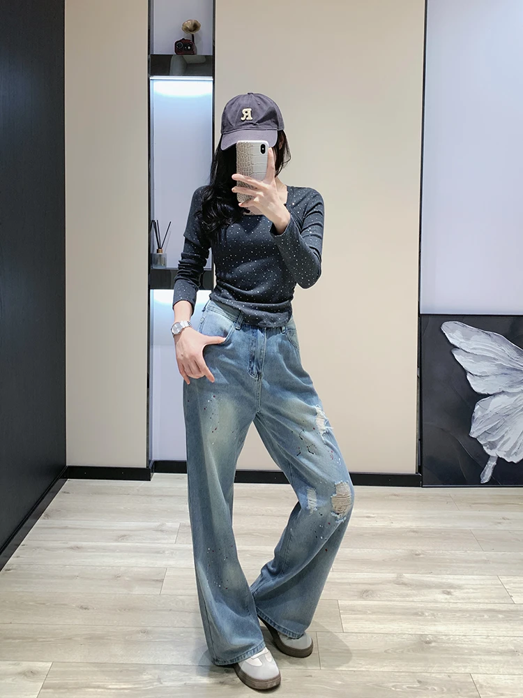 阔腿破洞直筒牛仔裤夏季新款高腰宽松显瘦窄版牛仔裤女款夏季薄款